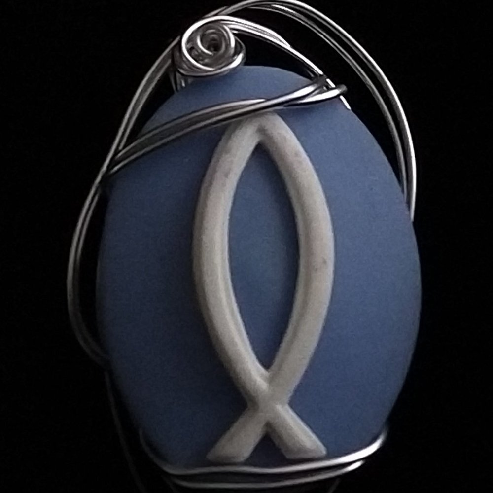 Blue and White Fish Symbol Cameo Pendant